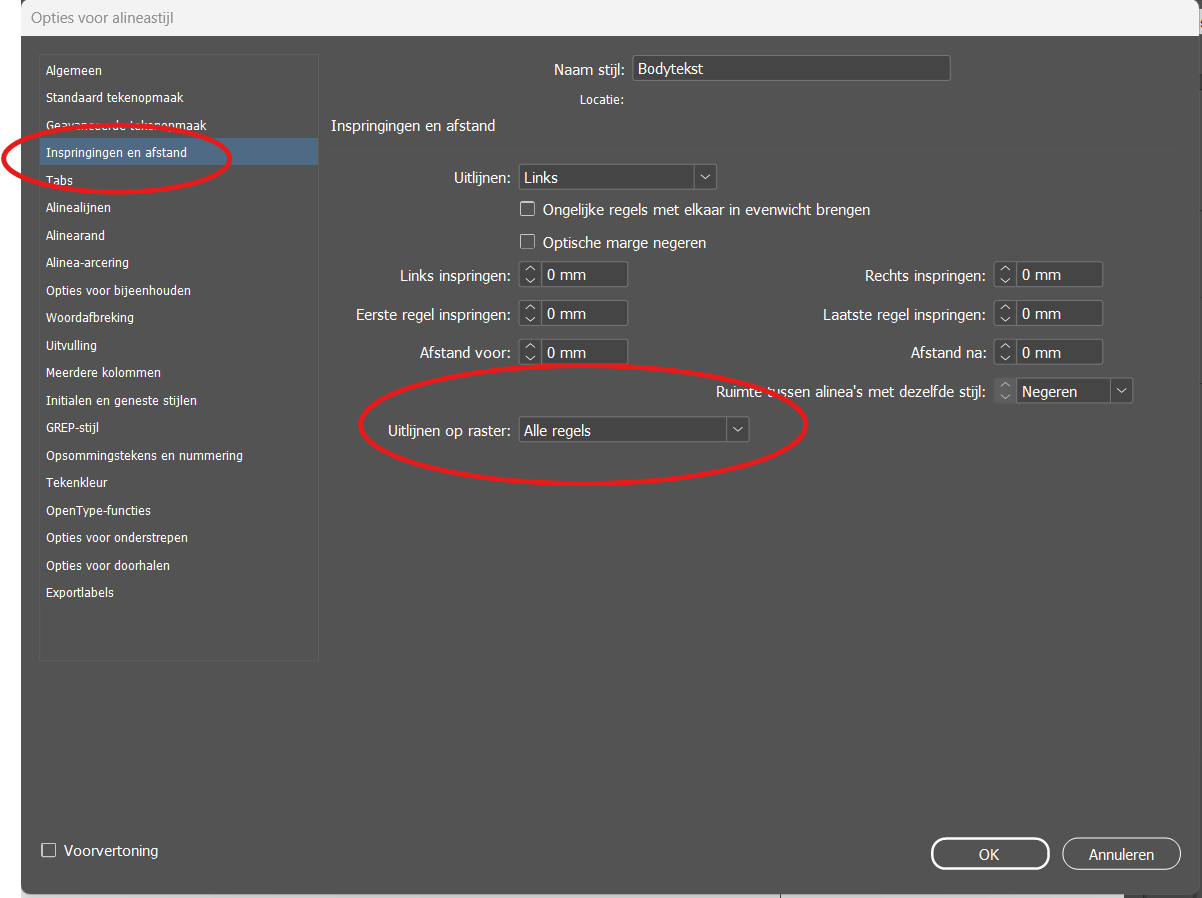 Voorbeeld van het instellen van alineastijlen voor inspringen en afstand in InDesign