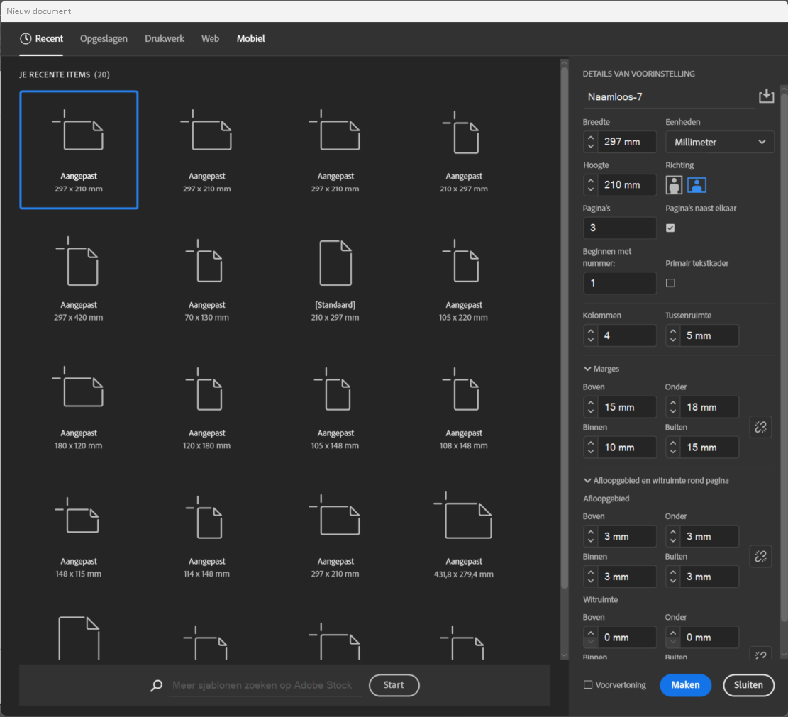 Voorbeeld van het nieuw document instellen in InDesign