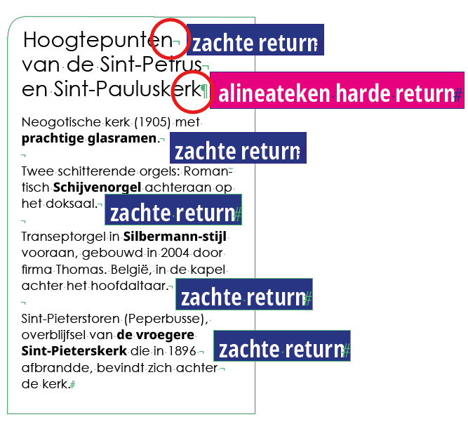 Voorbeeld van harde en zachte returns in InDesign